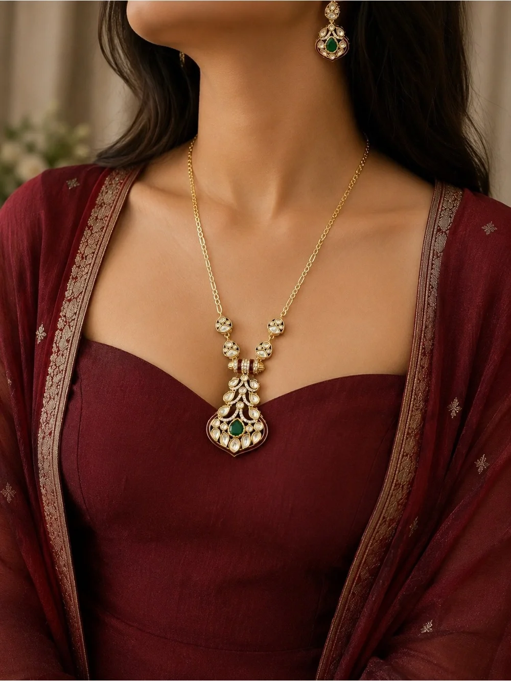 Elegant Gold-Tone Necklace & Earring Set with Green Accents